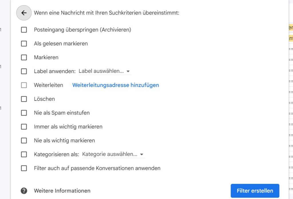 Filter-Optionen für E-Mails bei Gmail.