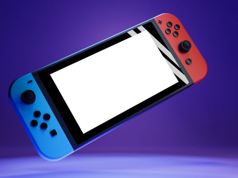 Nintendo Switch vor lila Hintergrund.