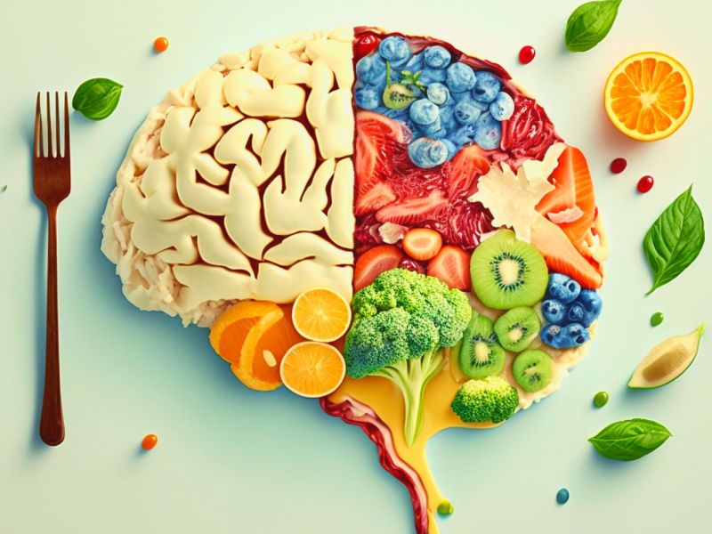 Eine Gabel und ein Teil des menschlichen Gehirns, daneben Lebensmittel, die das restliche Hirn darstellen sollen.