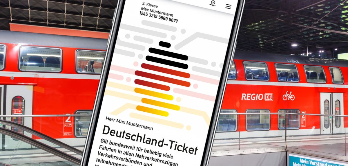 Deutschlandticket auf dem Handy im Hintergrund ein Bahnsteig