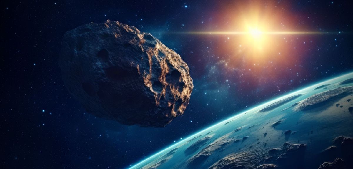 Asteroid vor der Erde, im Hintergrund die Sonne