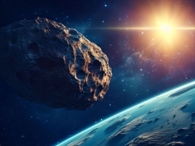 Asteroid vor der Erde, im Hintergrund die Sonne