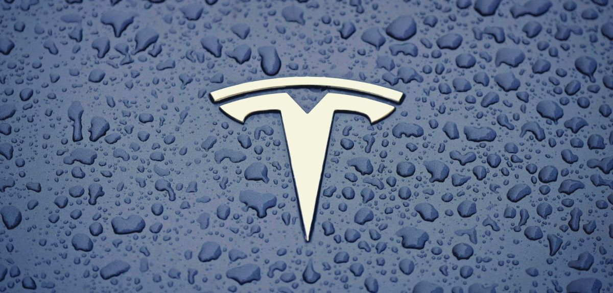 Tesla-Logo auf nassem Untergrund.