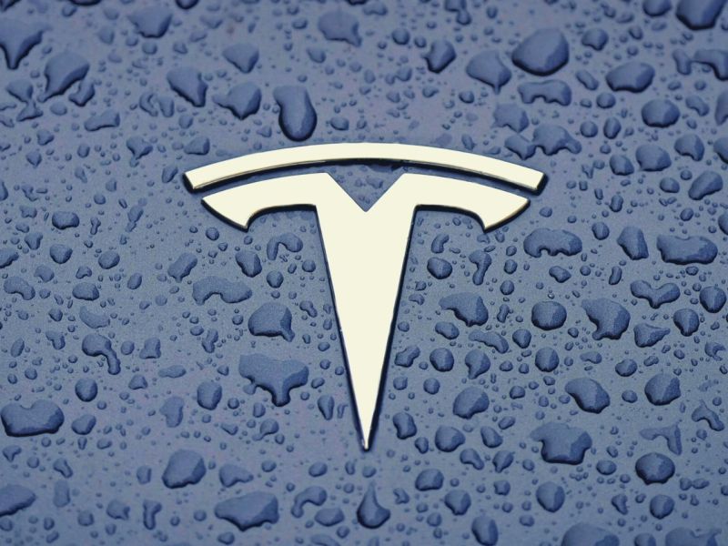 Tesla-Logo auf nassem Untergrund.