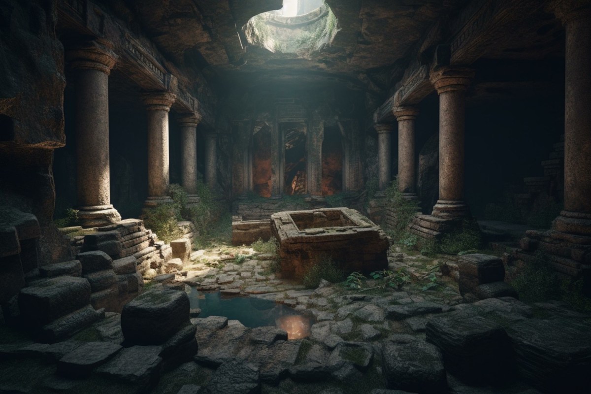 Illustration einer unterirdischen Ruine (kreiert mit kÃ¼nstlicher Intelligenz)
