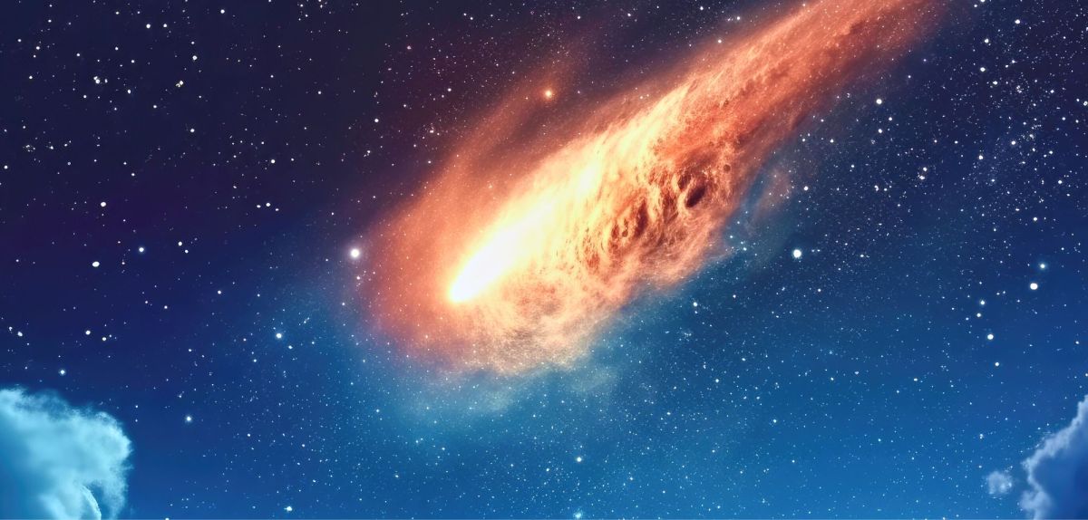Grafische Darstellung eines Meteoriten am Himmel.