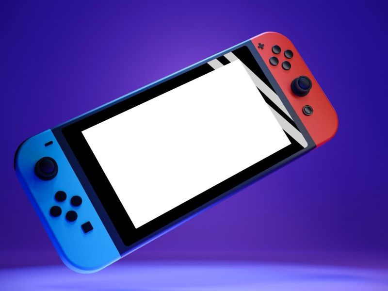 Eine Nintendo Switch vor lila Hintergrund.