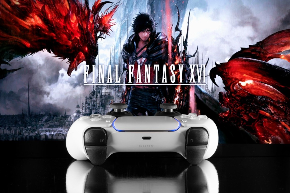PS5-Controller vor Bildschirm mit Final Fantasy XVI.-Logo