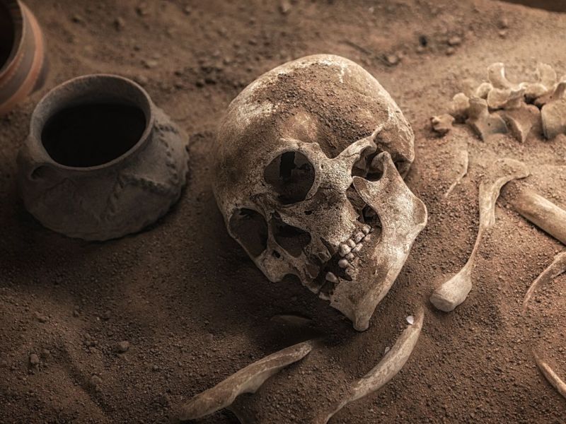 Ein Skelett in einem alten Grab.