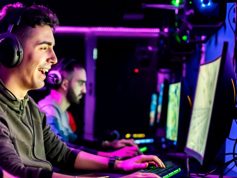 Männer mit Headsets spielen an PCs.