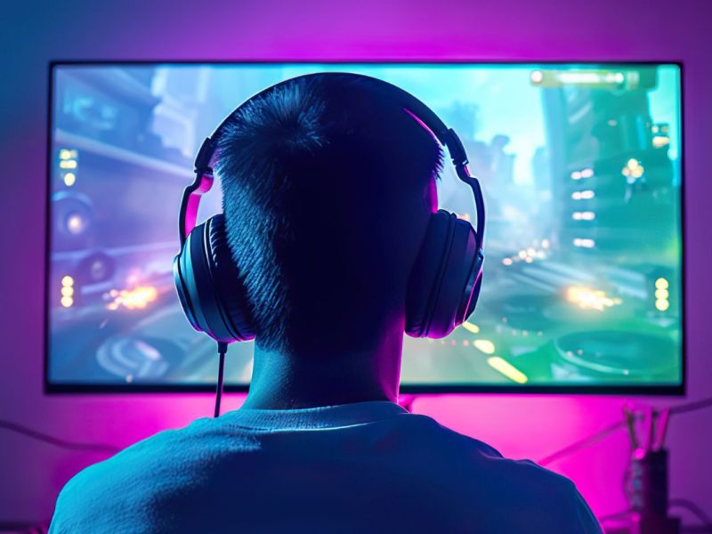 Mann sitzt mit Kopfhörern vor einem Gaming-Monitor