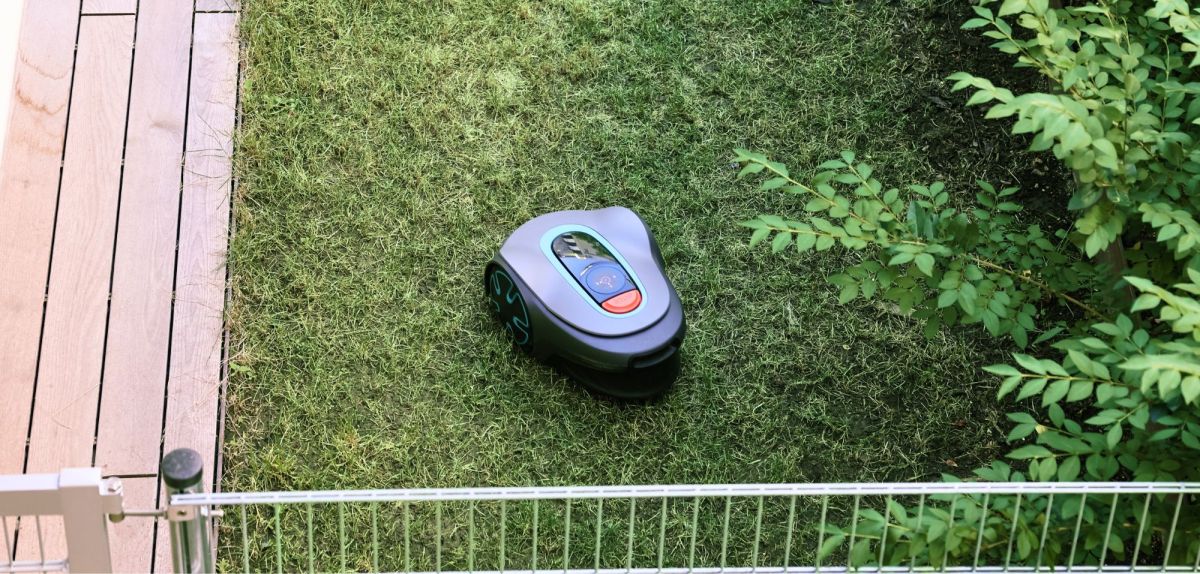 Mähroboter fährt durch den Garten