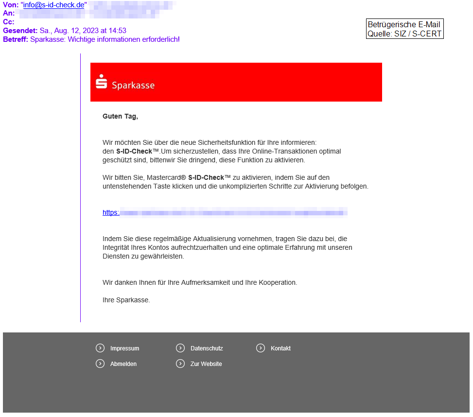 Screenshot einer Phishing-Mail, die vermeintlich von der Sparkasse stammt.