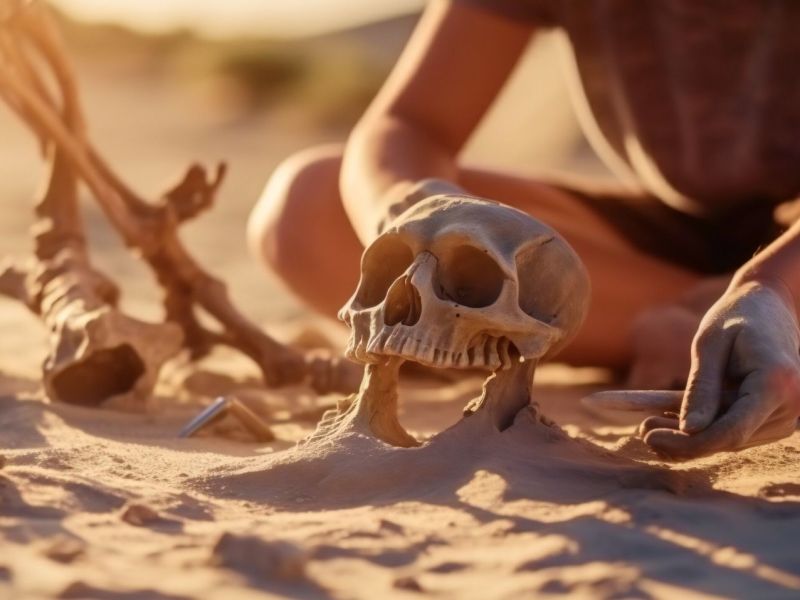 Computergeneriertes Bild einer archäologischen Ausgrabung mit einem Totenschädel.