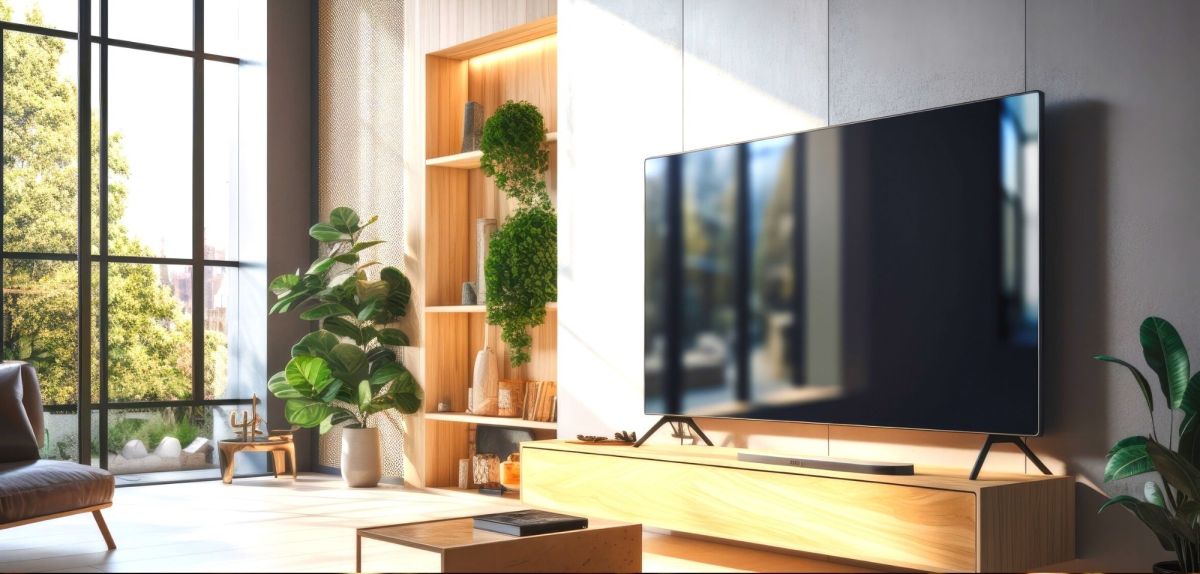 Fernseher mit starken Reflexionen im Wohnzimmer.