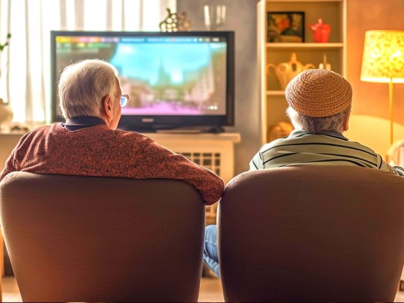 Zwei Senioren schauen auf einen Fernseher