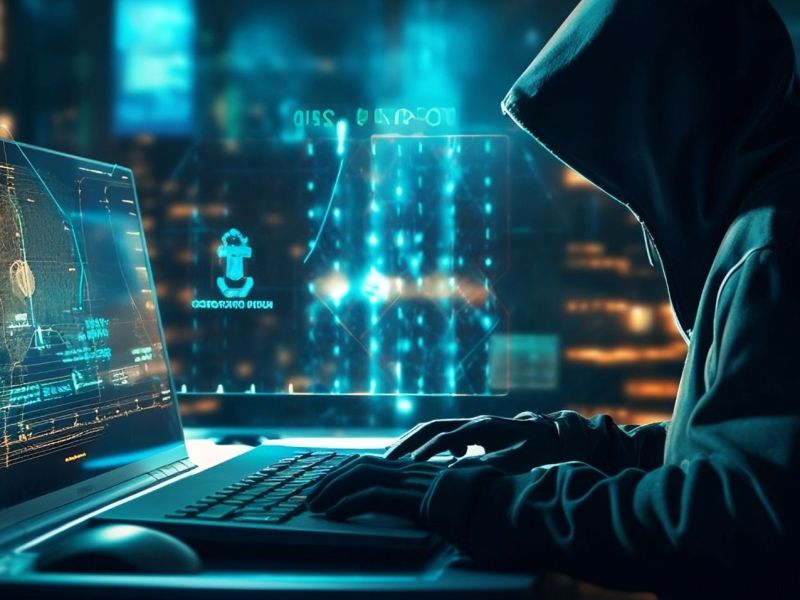 Grafische Darstellung eines Hackers vor einem Laptop.