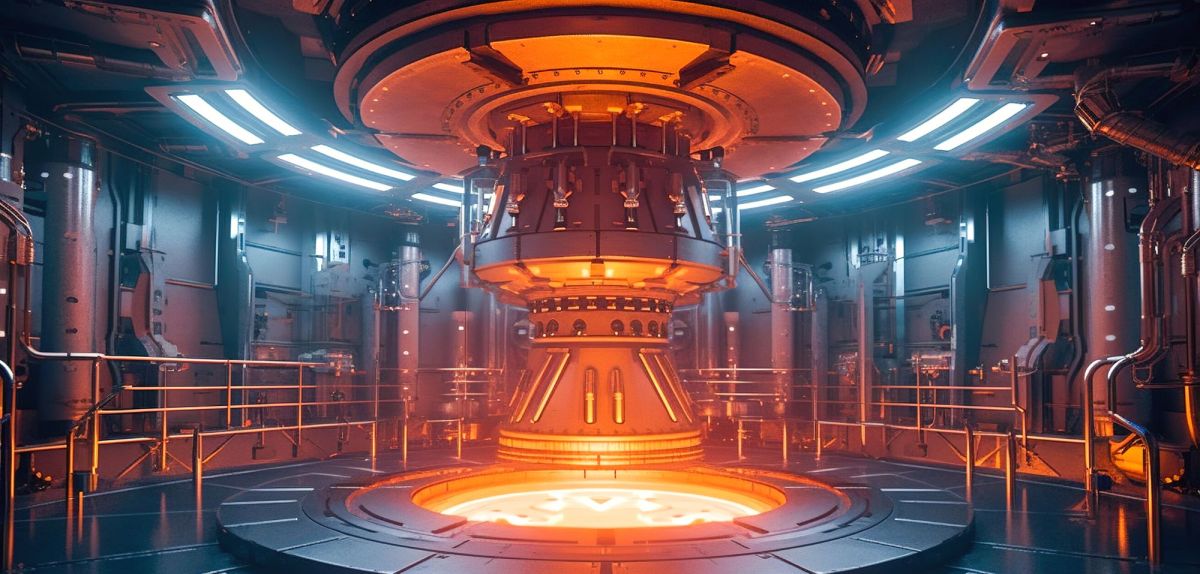 Das Innere eines Kernreaktors mit orangenem Brennstoff