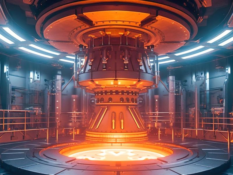 Das Innere eines Kernreaktors mit orangenem Brennstoff