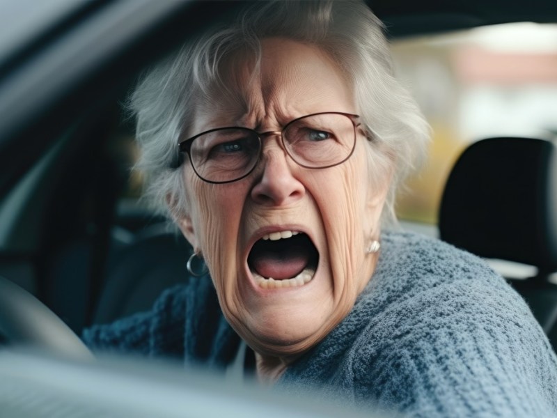 KI-Illustration einer älteren Frau im Auto, die schreit