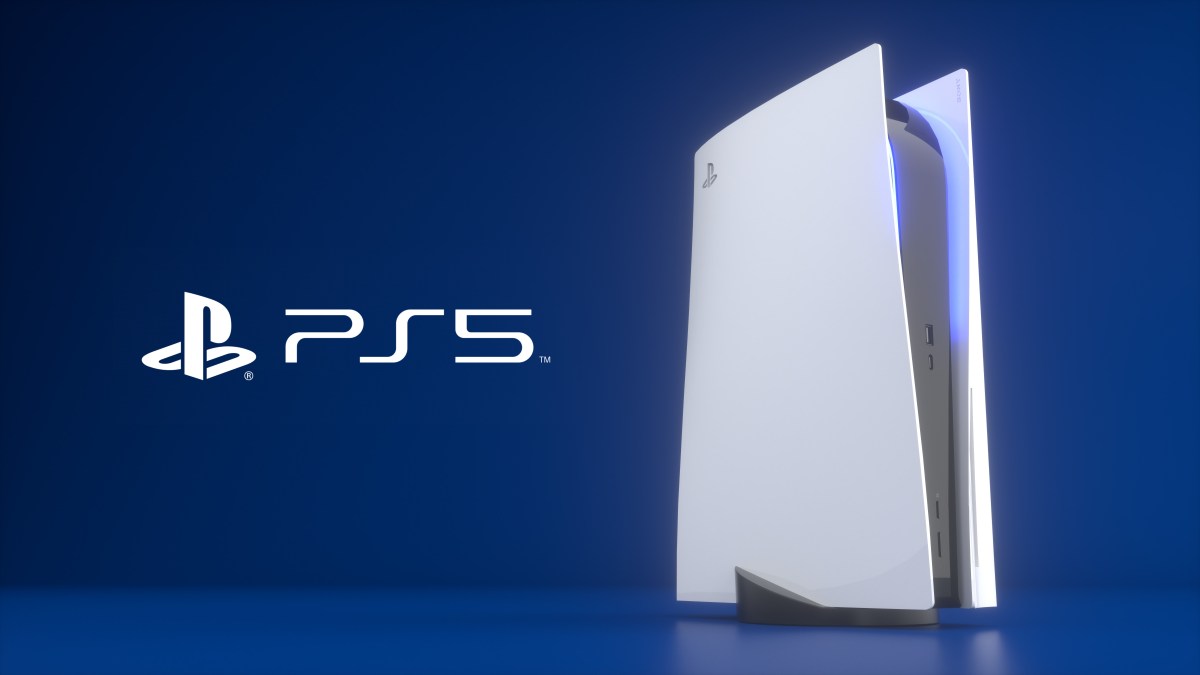 PlayStation 5 und schriftzug daneben, hintergrund blau