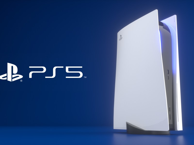 PlayStation 5 und schriftzug daneben, hintergrund blau