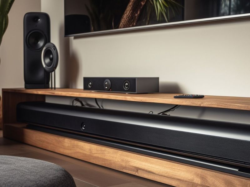 Soundbar mit Lautsprechern unter Fernseher.