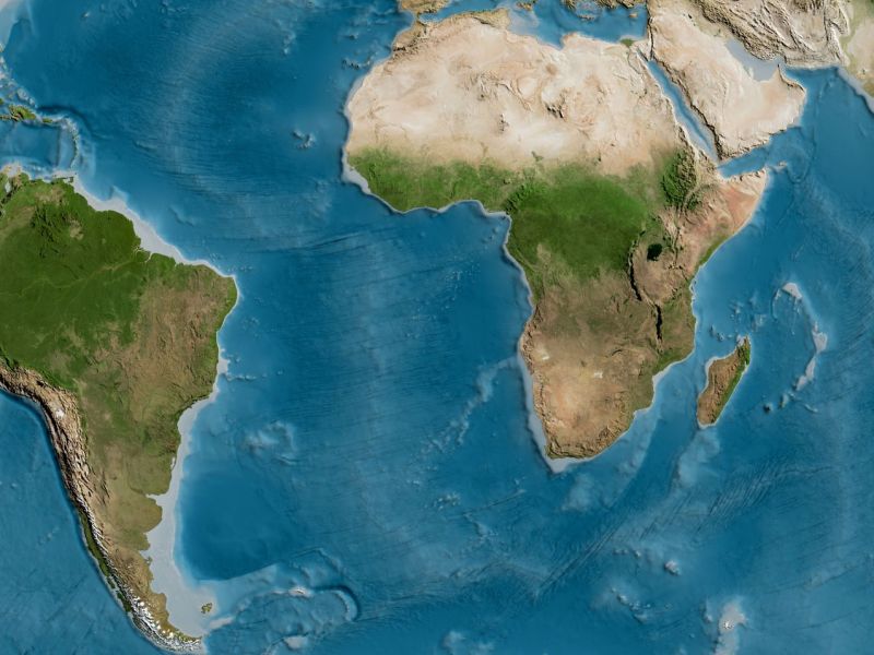 Weltkarte mit Fokus auf Südamerika und Afrika