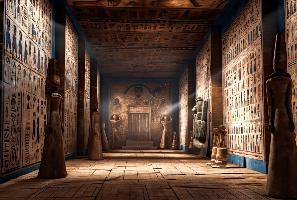 Innenansicht eines ägyptischen Tempels mit Wandmalereien.