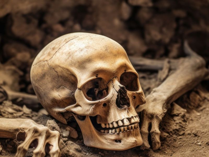 KI-generiertes Bild eines Totenschädels mit weiteren Knochen in einem Grab.