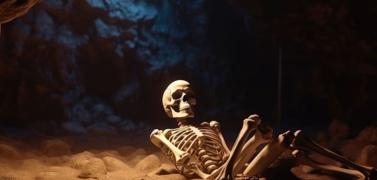 Skelett in einer Höhle.