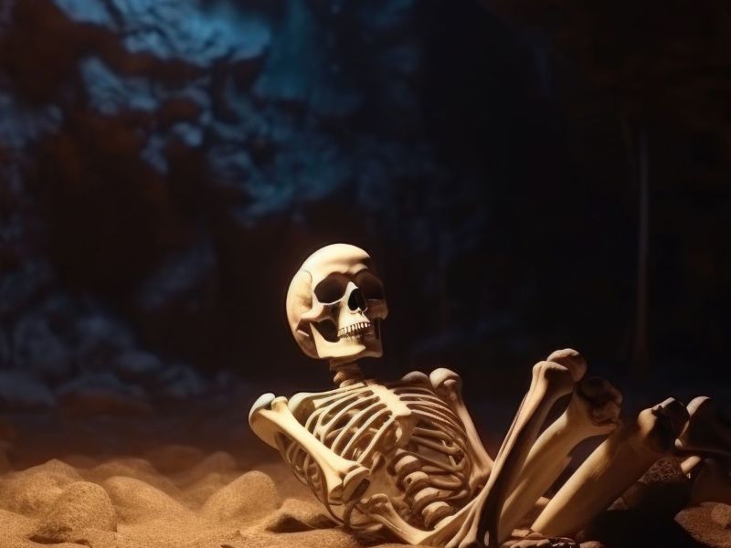Skelett in einer Höhle.