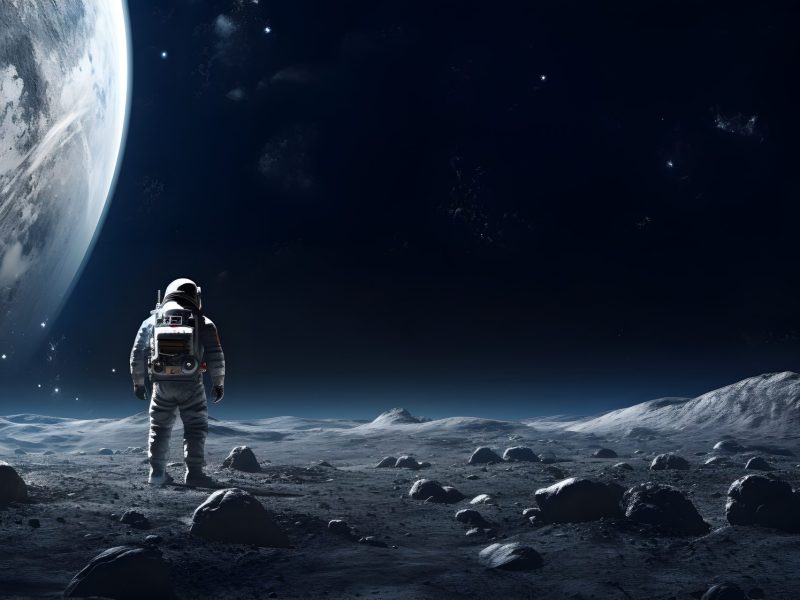 Ein Astronaut steht auf der Mondoberfläche und schaut zur Erde.