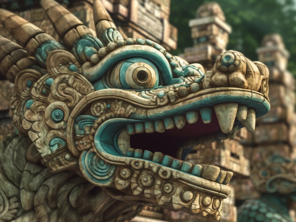 Ein Schlangenkopf an einem aztekischen Tempel
