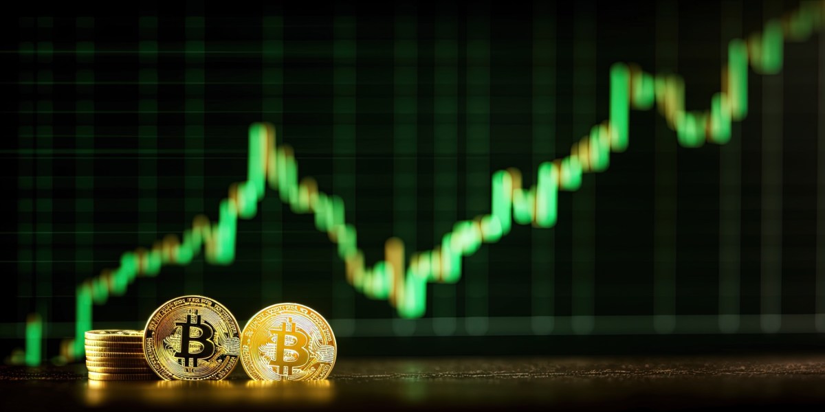 Bitcoin-Münzen vor einer steigenden Kurs-Kurve im Hintergrund