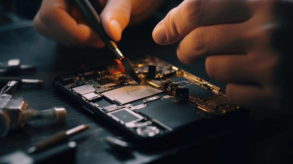 Person repariert ein kaputtes Smartphone