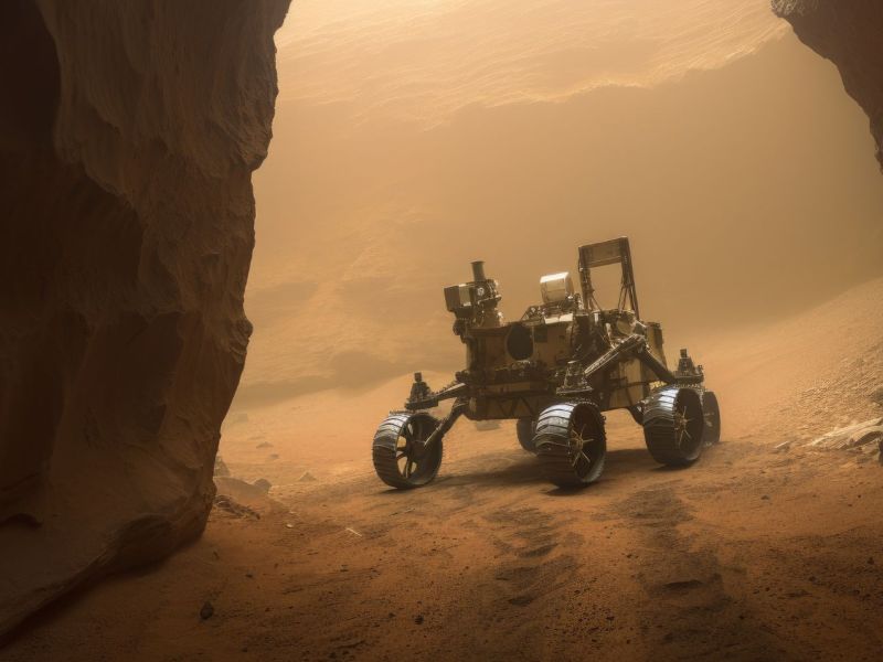 Mars-Rover vor einer Höhle