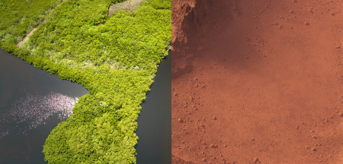 Links: Flusslandschaft; rechts: trockene Marslandschaft