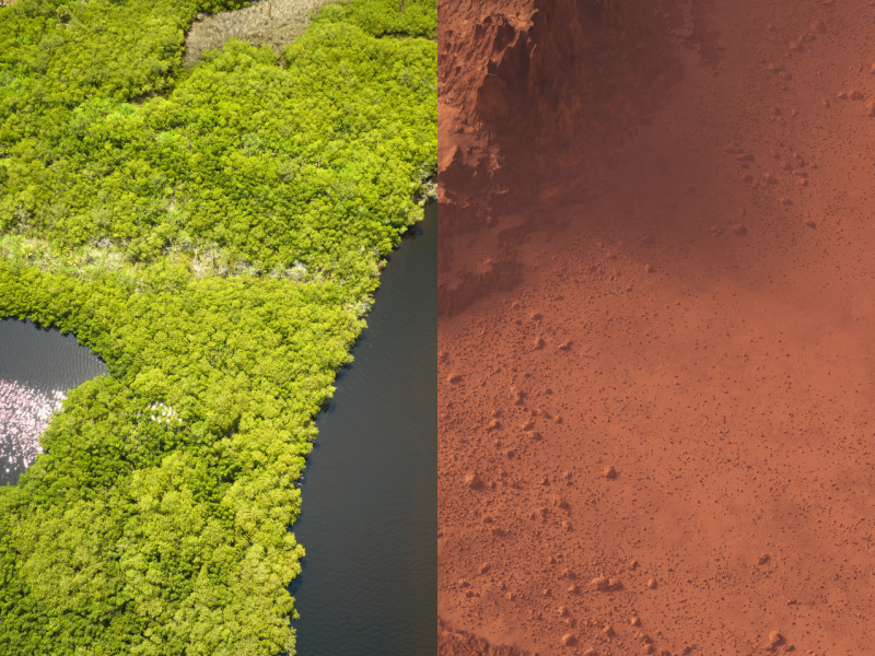 Links: Flusslandschaft; rechts: trockene Marslandschaft
