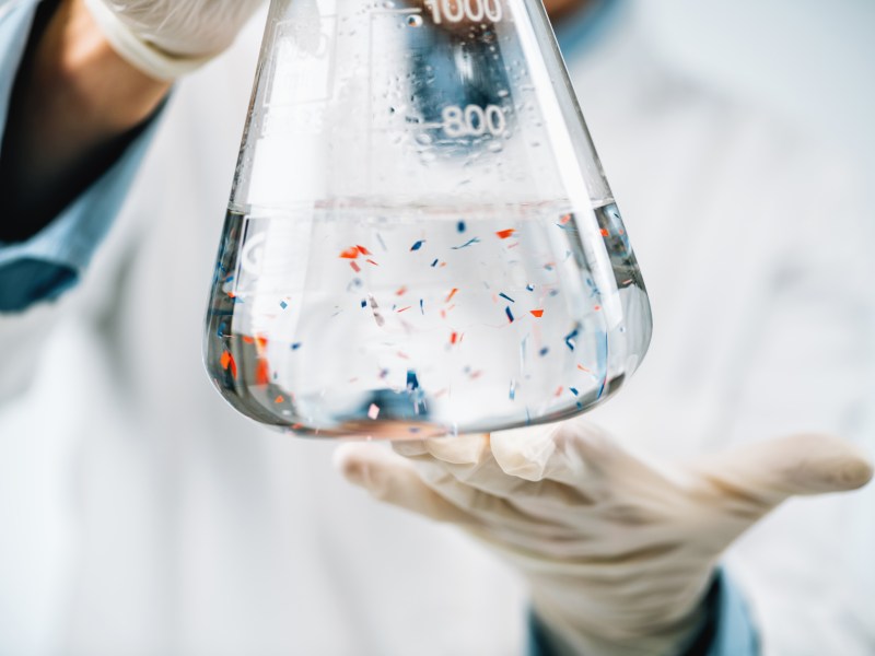 Ein Wissenschaftler untersucht Mikroplastikpartikel im Reagenzglas