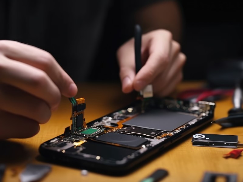 Eine Person repariert das Innere eines Smartphones
