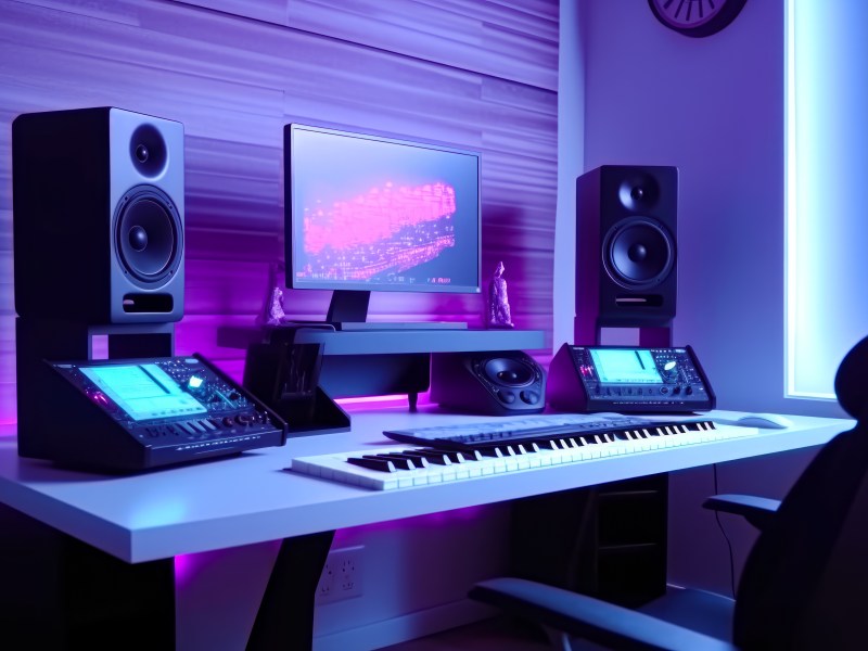 Schreibtisch mit Monitor und Tastatur