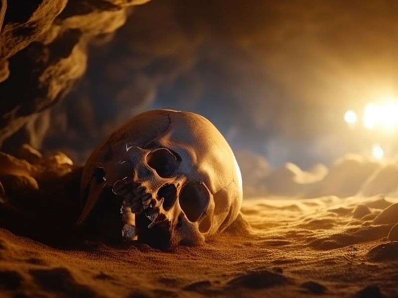 Ein Totenschädel in einer Höhle.