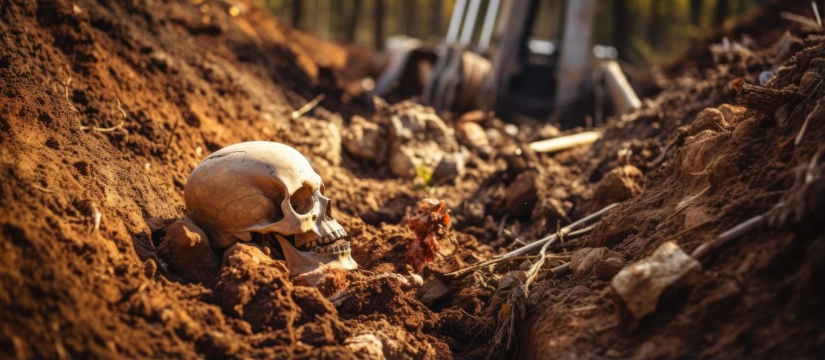 Ausgrabung eines menschlichen Skeletts im Wald.
