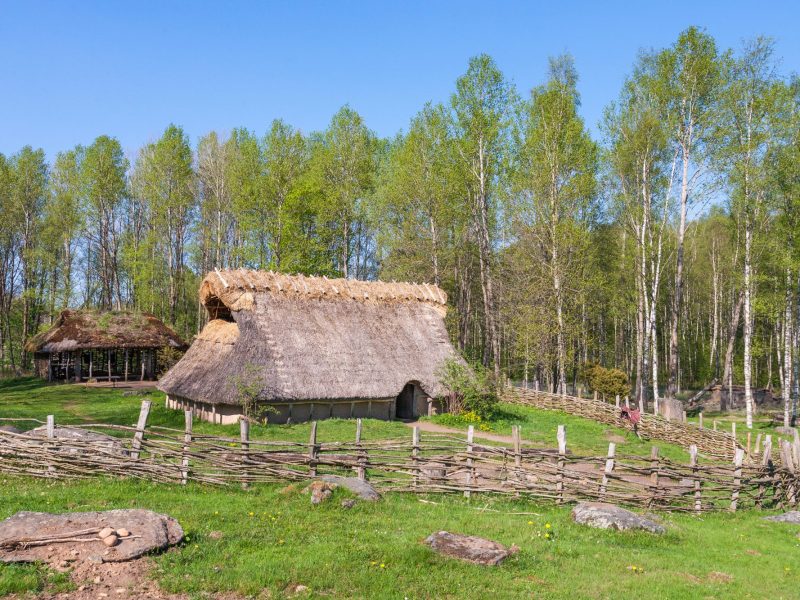 Ein Langhaus in einem bronzezeitlichen Dorf.