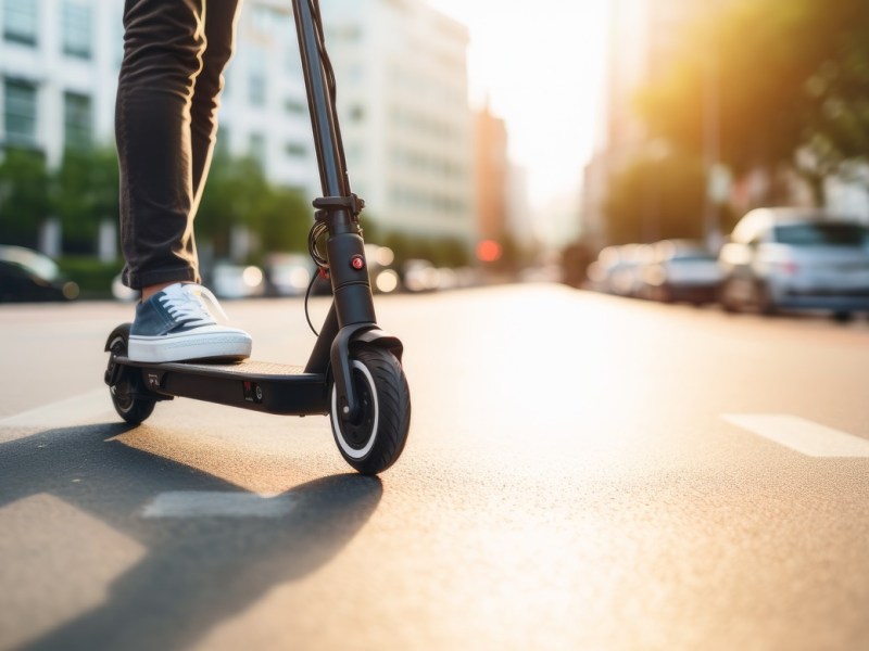 Mann fährt auf E-Scooter über die Straße.