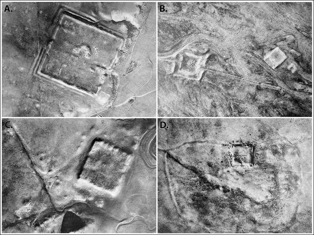 Eine Auswahl der Luftaufnahmen von Poidebard (Referenz Poidebard1934): A) Kastell in Qreiye; B) römisches Kastell und mittelalterliche Karawanserei in Birke; C) Kastell in Tell Zenbil; und D) Kastell in Tell Brak