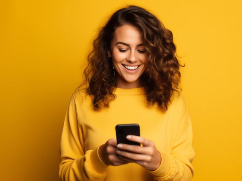 Fra schaut auf ein Handy und freut sich