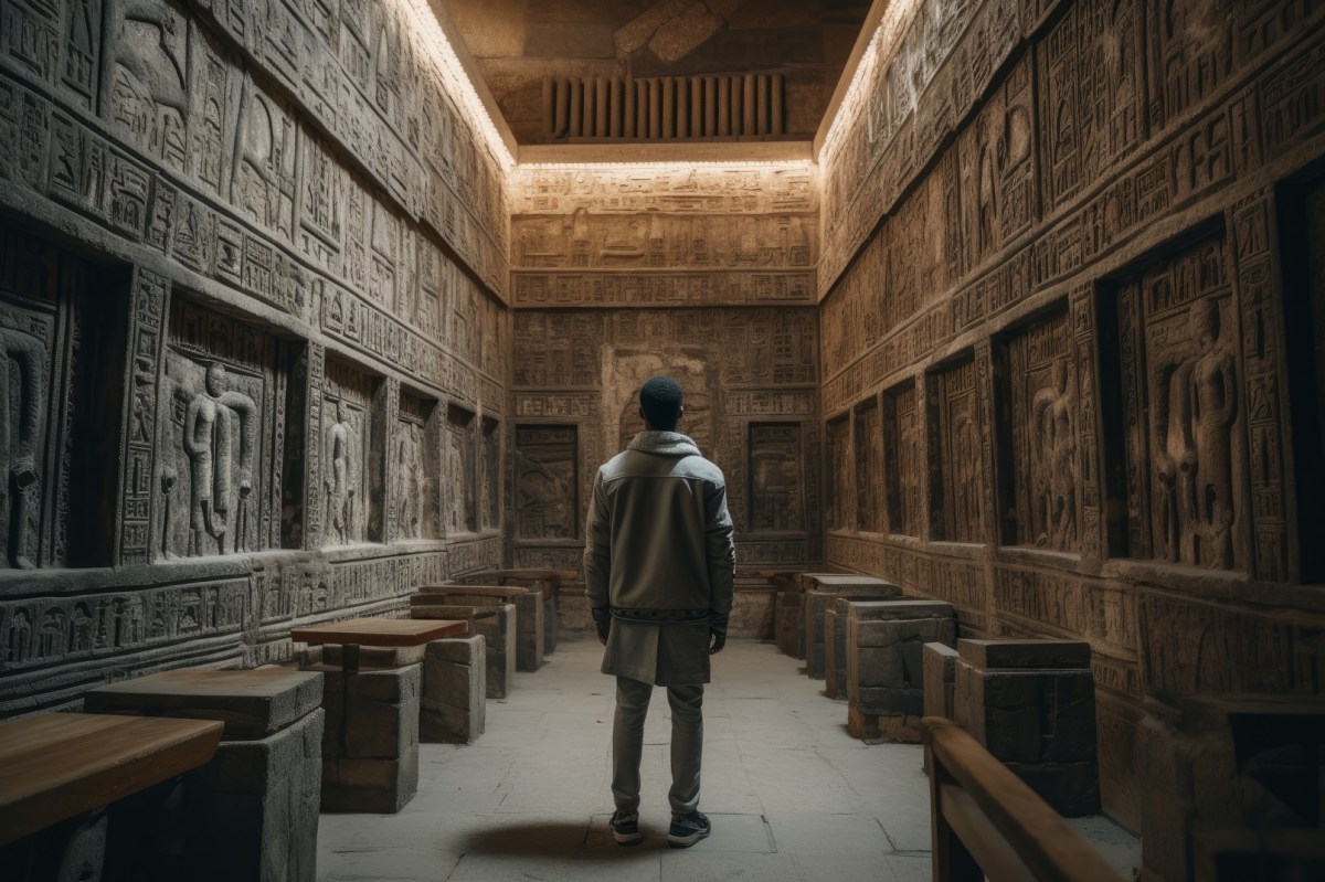 Mann steht in ägyptischer Grabkammer (KI-Illustration)