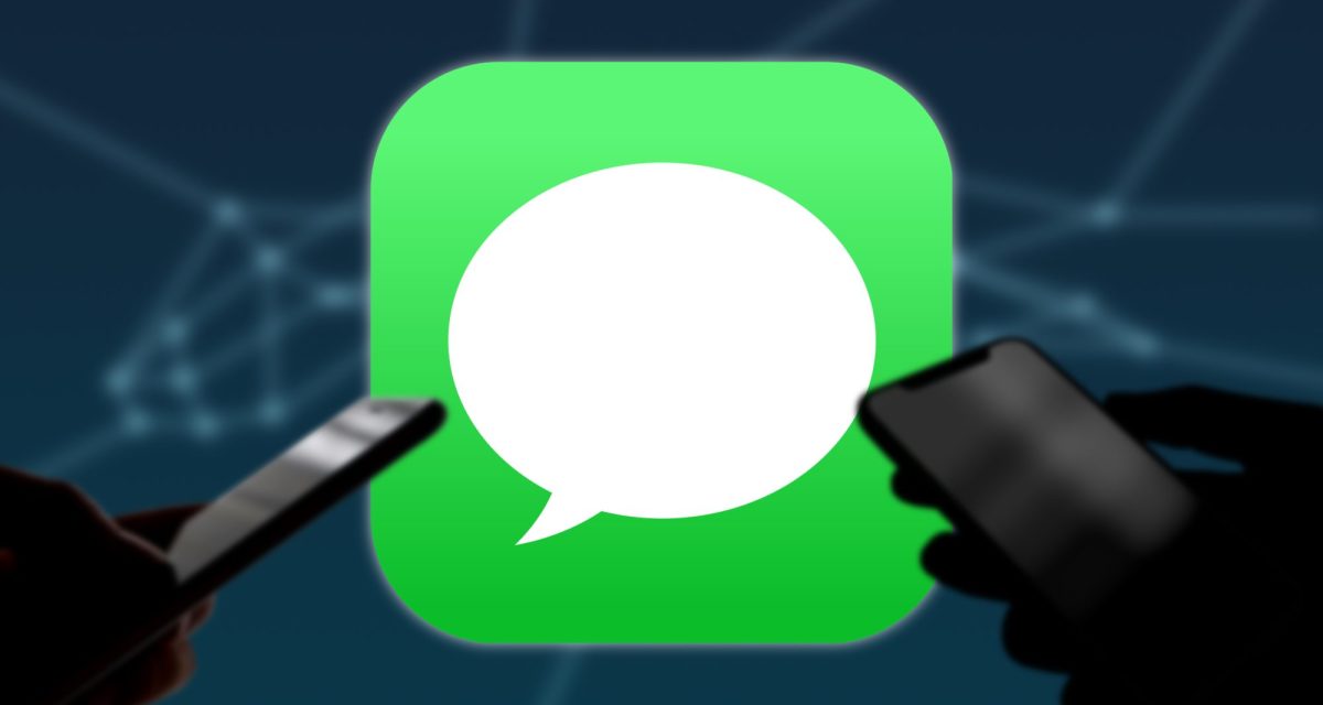 Zwei Smartphones mit dem iMessage Logo im Hintergrund.